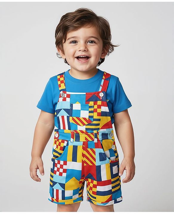 Babyhug Single Jersey Knit Printed Dungaree & Half Sleeves T-Shirt - Blue