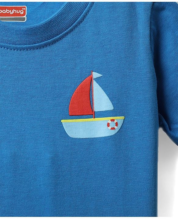 Babyhug Single Jersey Knit Printed Dungaree & Half Sleeves T-Shirt - Blue