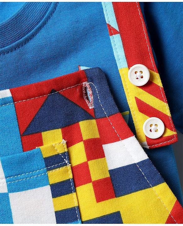 Babyhug Single Jersey Knit Printed Dungaree & Half Sleeves T-Shirt - Blue