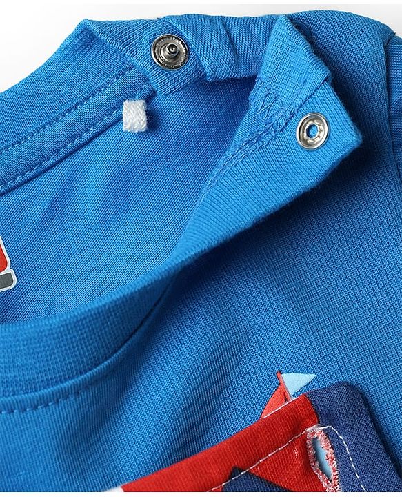 Babyhug Single Jersey Knit Printed Dungaree & Half Sleeves T-Shirt - Blue