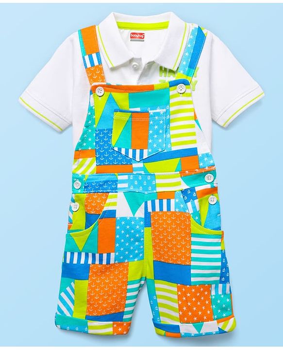 Babyhug Single Jersey Knit Half Sleeves Polo T-Shirt & Dungaree With  Nautical Print - White