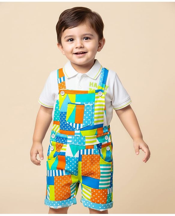 Babyhug Single Jersey Knit Half Sleeves Polo T-Shirt & Dungaree With  Nautical Print - White