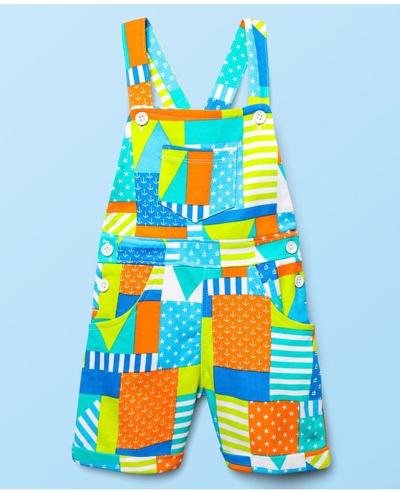 Babyhug Single Jersey Knit Half Sleeves Polo T-Shirt & Dungaree With  Nautical Print - White