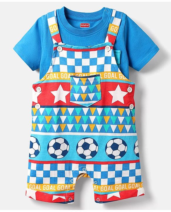 Babyhug Single Jersey Knit Printed Dungaree & Half Sleeves T-Shirt - Blue