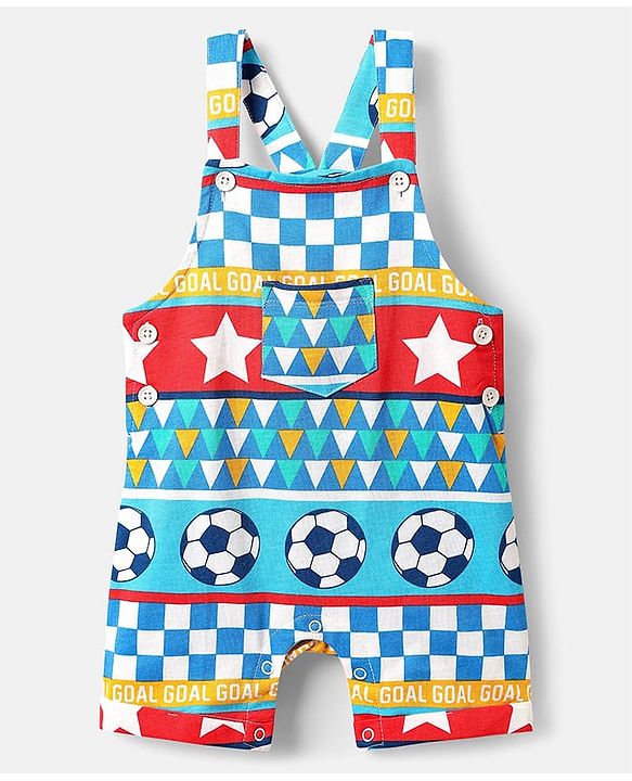 Babyhug Single Jersey Knit Printed Dungaree & Half Sleeves T-Shirt - Blue