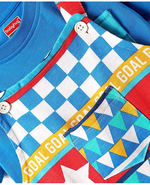 Babyhug Single Jersey Knit Printed Dungaree & Half Sleeves T-Shirt - Blue