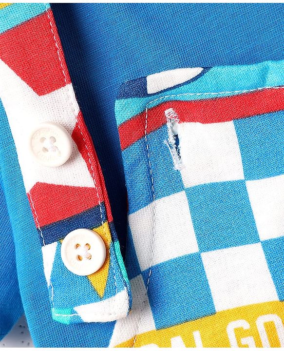 Babyhug Single Jersey Knit Printed Dungaree & Half Sleeves T-Shirt - Blue