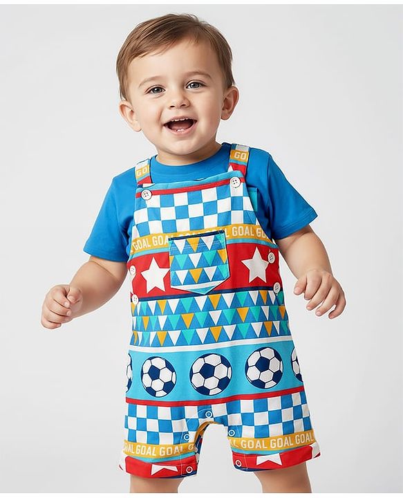 Babyhug Single Jersey Knit Printed Dungaree & Half Sleeves T-Shirt - Blue