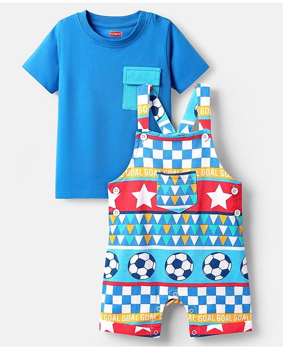 Babyhug Single Jersey Knit Printed Dungaree & Half Sleeves T-Shirt - Blue