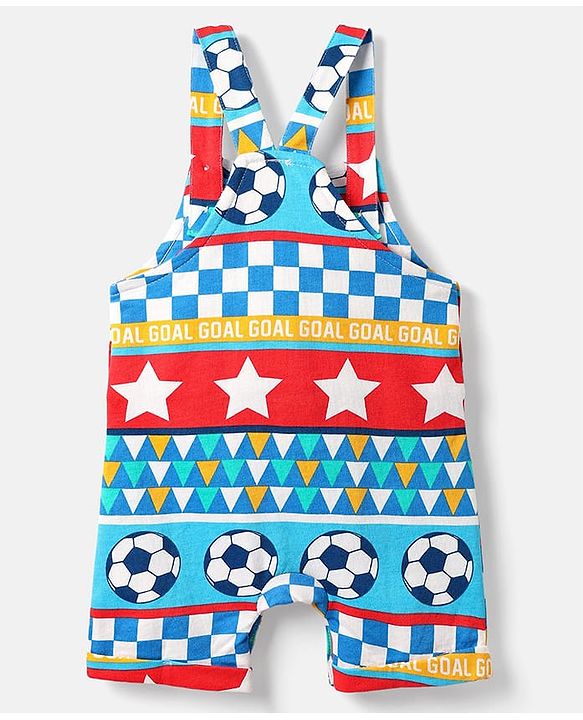 Babyhug Single Jersey Knit Printed Dungaree & Half Sleeves T-Shirt - Blue