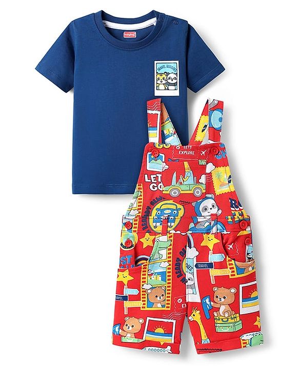 Babyhug Single Jersey Knit Dungaree & Half Sleeves T-Shirt With Animal Print - Red & Blue