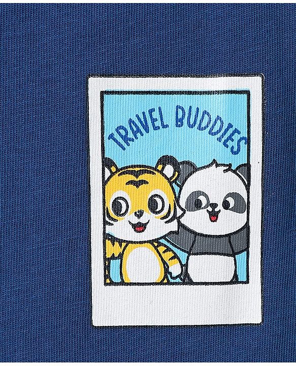 Babyhug Single Jersey Knit Dungaree & Half Sleeves T-Shirt With Animal Print - Red & Blue