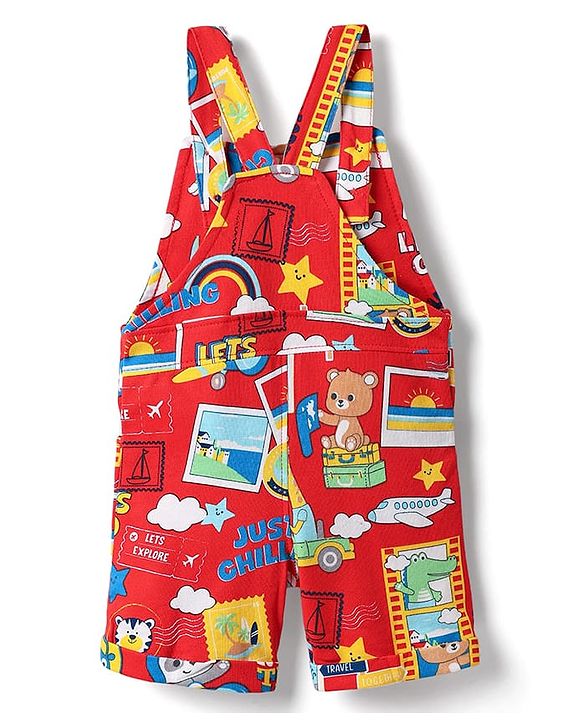Babyhug Single Jersey Knit Dungaree & Half Sleeves T-Shirt With Animal Print - Red & Blue