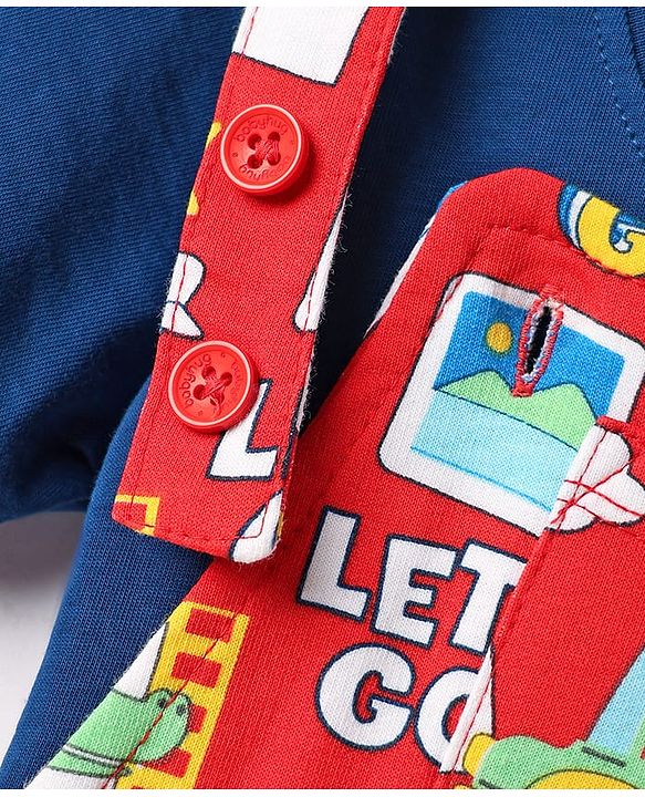 Babyhug Single Jersey Knit Dungaree & Half Sleeves T-Shirt With Animal Print - Red & Blue