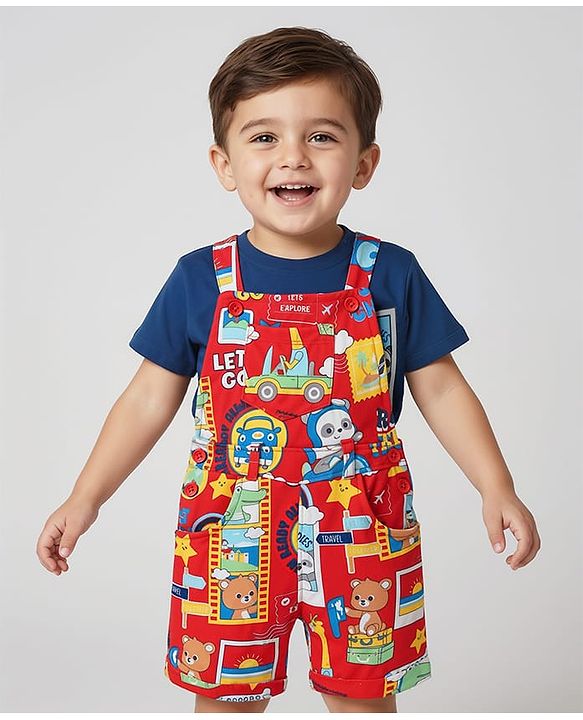 Babyhug Single Jersey Knit Dungaree & Half Sleeves T-Shirt With Animal Print - Red & Blue