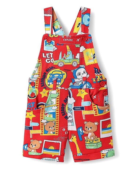 Babyhug Single Jersey Knit Dungaree & Half Sleeves T-Shirt With Animal Print - Red & Blue
