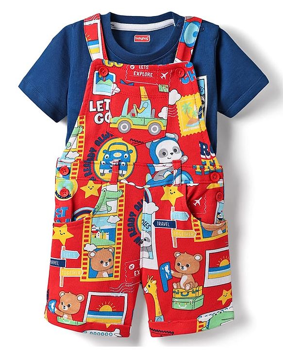 Babyhug Single Jersey Knit Dungaree & Half Sleeves T-Shirt With Animal Print - Red & Blue