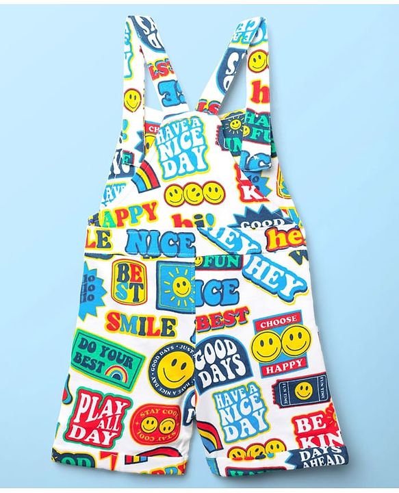 Babyhug Single Jersey Knit Half Sleeves T-Shirt & Dungaree With Text & Smiley Print -  White & Blue
