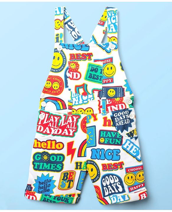 Babyhug Single Jersey Knit Half Sleeves T-Shirt & Dungaree With Text & Smiley Print -  White & Blue