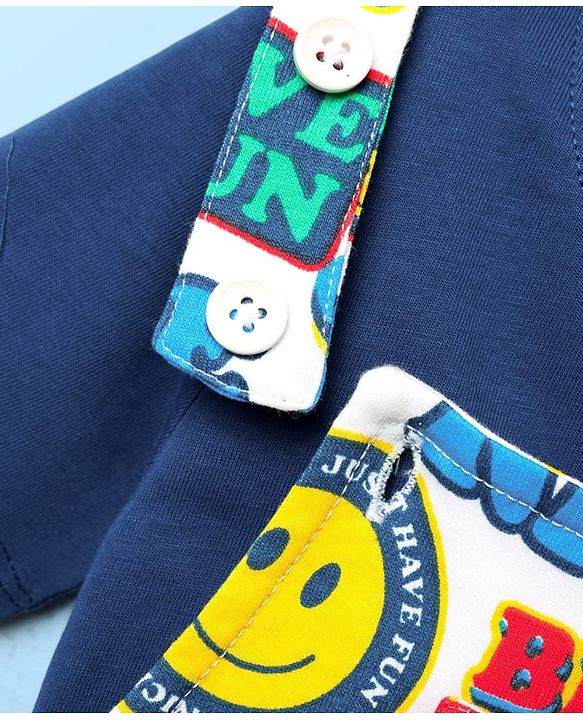 Babyhug Single Jersey Knit Half Sleeves T-Shirt & Dungaree With Text & Smiley Print -  White & Blue