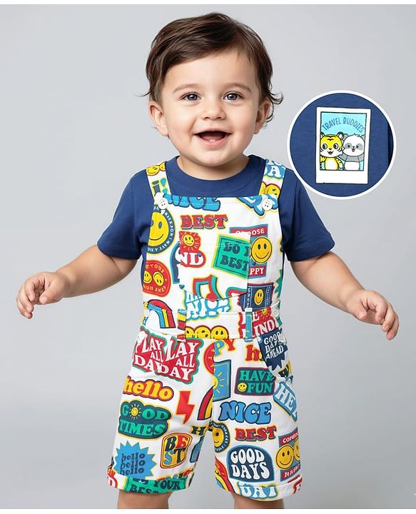 Babyhug Single Jersey Knit Half Sleeves T-Shirt & Dungaree With Text & Smiley Print -  White & Blue