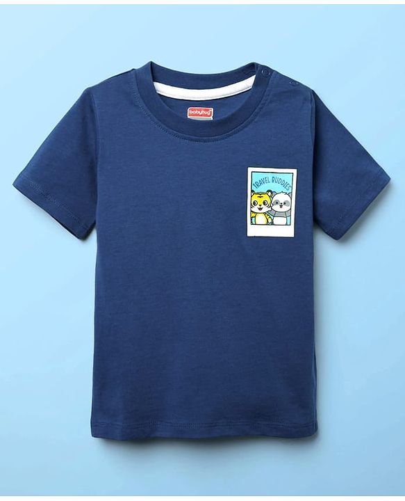 Babyhug Single Jersey Knit Half Sleeves T-Shirt & Dungaree With Text & Smiley Print -  White & Blue