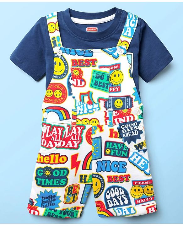Babyhug Single Jersey Knit Half Sleeves T-Shirt & Dungaree With Text & Smiley Print -  White & Blue
