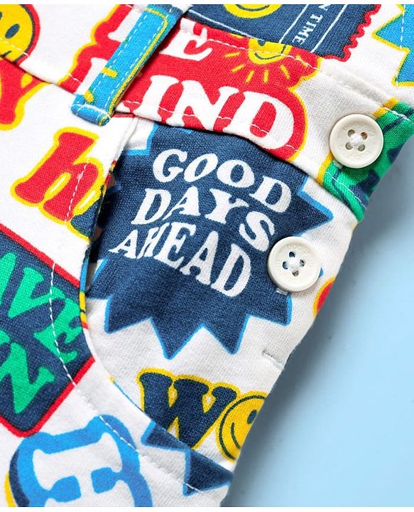 Babyhug Single Jersey Knit Half Sleeves T-Shirt & Dungaree With Text & Smiley Print -  White & Blue