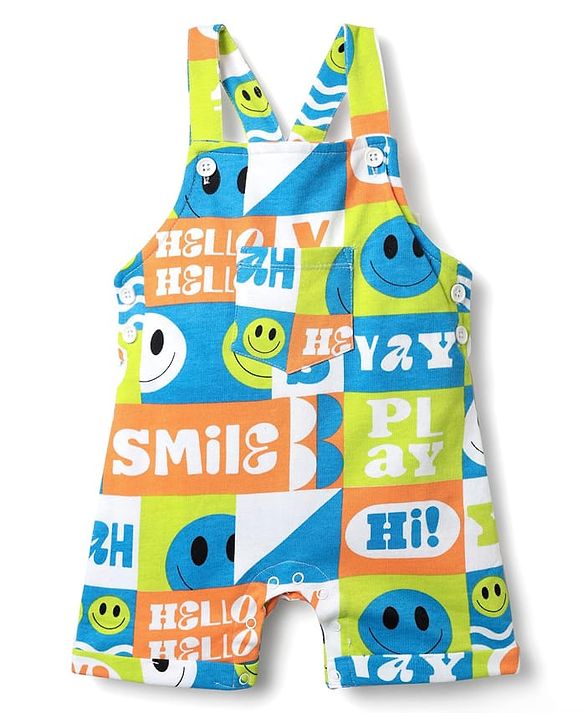 Babyhug Single Jersey Knit Half Sleeves T-Shirt & Dungaree With Text & Smiley Print -  Orange