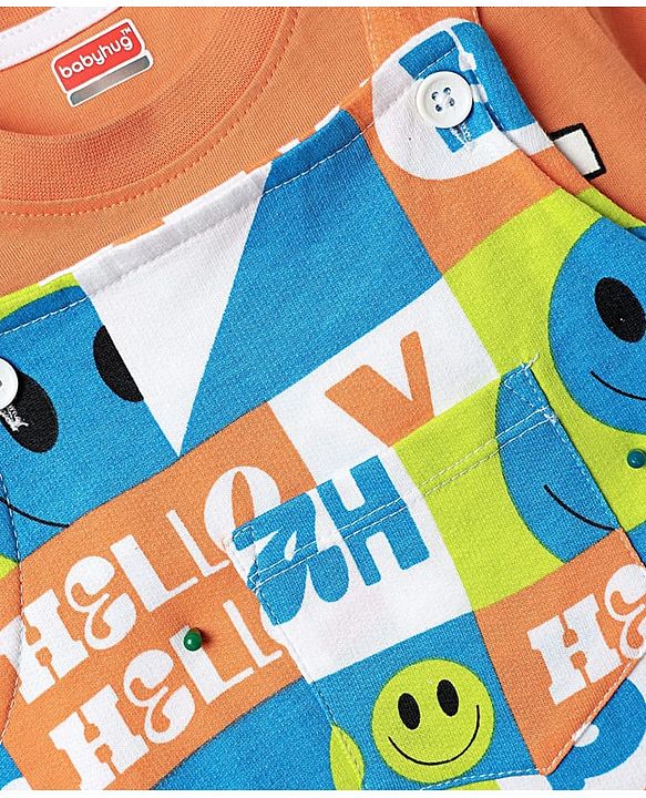 Babyhug Single Jersey Knit Half Sleeves T-Shirt & Dungaree With Text & Smiley Print -  Orange