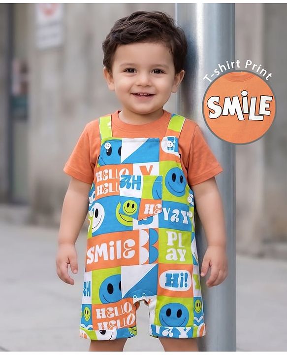 Babyhug Single Jersey Knit Half Sleeves T-Shirt & Dungaree With Text & Smiley Print -  Orange