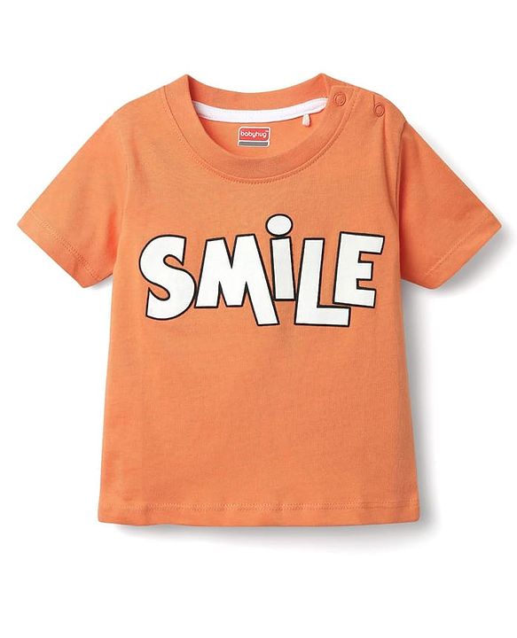 Babyhug Single Jersey Knit Half Sleeves T-Shirt & Dungaree With Text & Smiley Print -  Orange