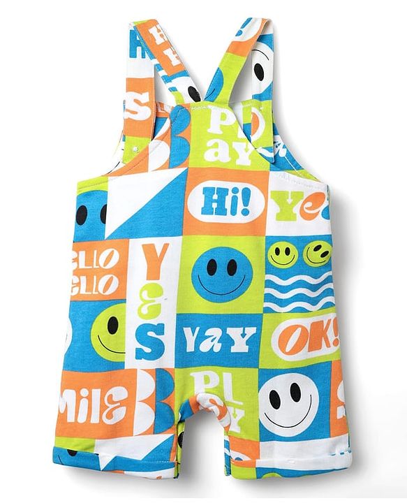 Babyhug Single Jersey Knit Half Sleeves T-Shirt & Dungaree With Text & Smiley Print -  Orange