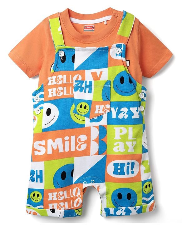 Babyhug Single Jersey Knit Half Sleeves T-Shirt & Dungaree With Text & Smiley Print -  Orange
