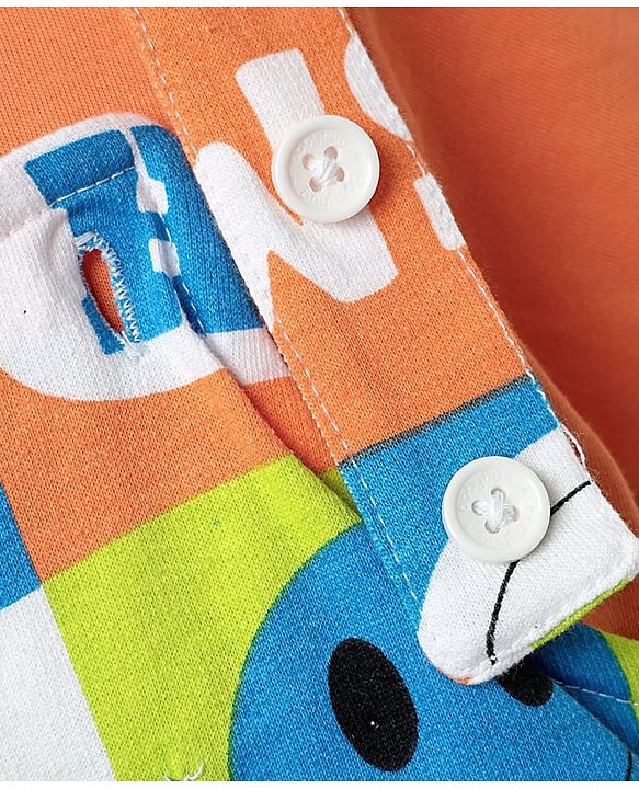 Babyhug Single Jersey Knit Half Sleeves T-Shirt & Dungaree With Text & Smiley Print -  Orange