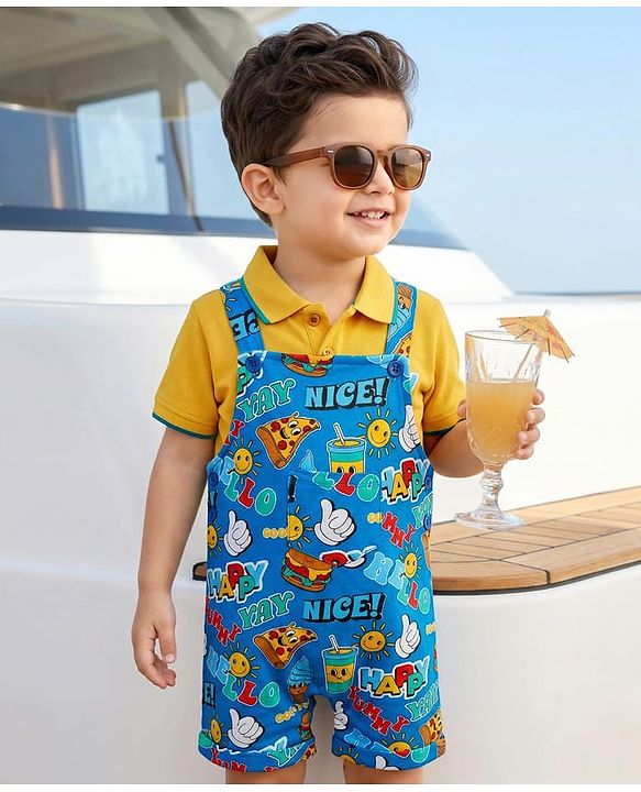 Babyhug Single Jersey Knit Half Sleeves Polo T-Shirt & Dungaree with Nice Text Print - Yellow & Blue