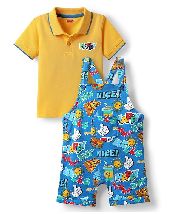 Babyhug Single Jersey Knit Half Sleeves Polo T-Shirt & Dungaree with Nice Text Print - Yellow & Blue