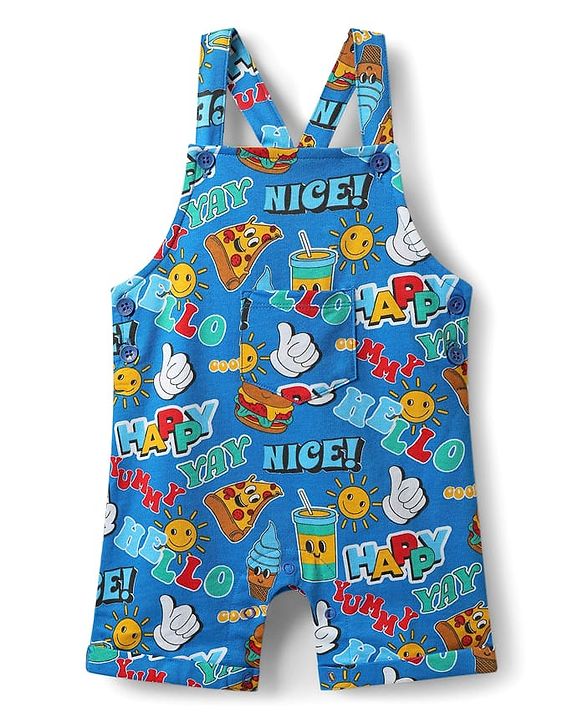 Babyhug Single Jersey Knit Half Sleeves Polo T-Shirt & Dungaree with Nice Text Print - Yellow & Blue