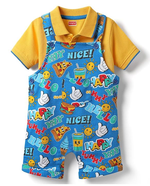 Babyhug Single Jersey Knit Half Sleeves Polo T-Shirt & Dungaree with Nice Text Print - Yellow & Blue
