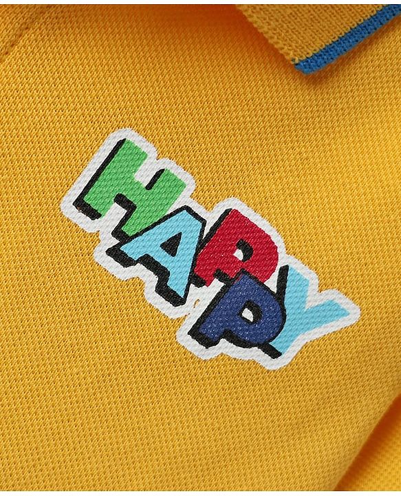 Babyhug Single Jersey Knit Half Sleeves Polo T-Shirt & Dungaree with Nice Text Print - Yellow & Blue