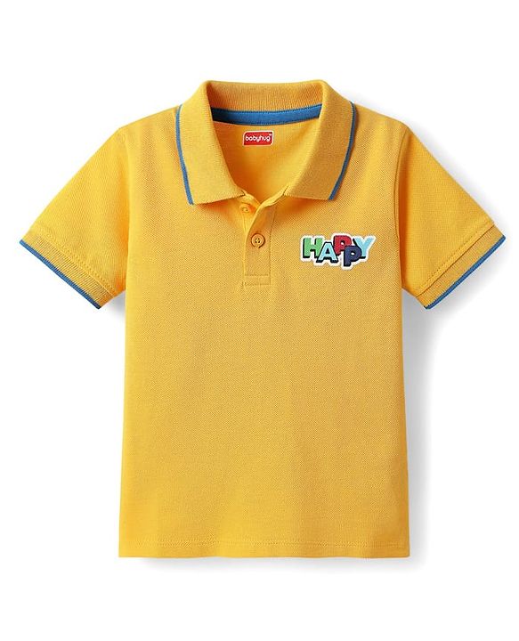 Babyhug Single Jersey Knit Half Sleeves Polo T-Shirt & Dungaree with Nice Text Print - Yellow & Blue