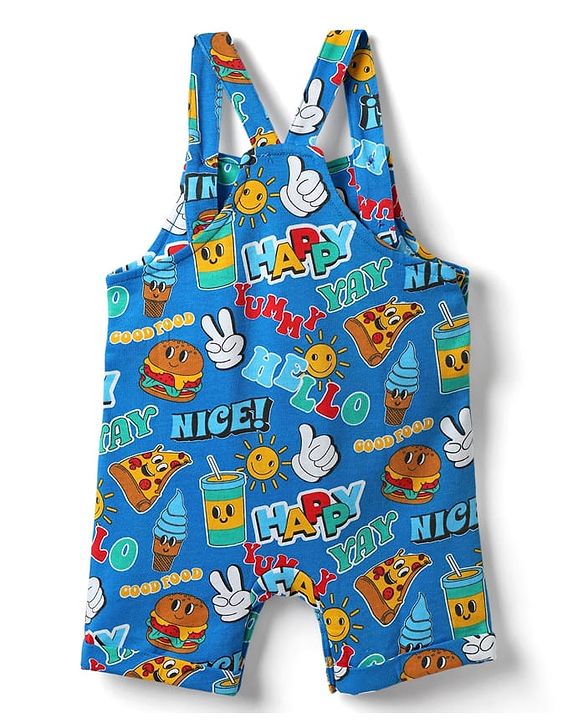 Babyhug Single Jersey Knit Half Sleeves Polo T-Shirt & Dungaree with Nice Text Print - Yellow & Blue