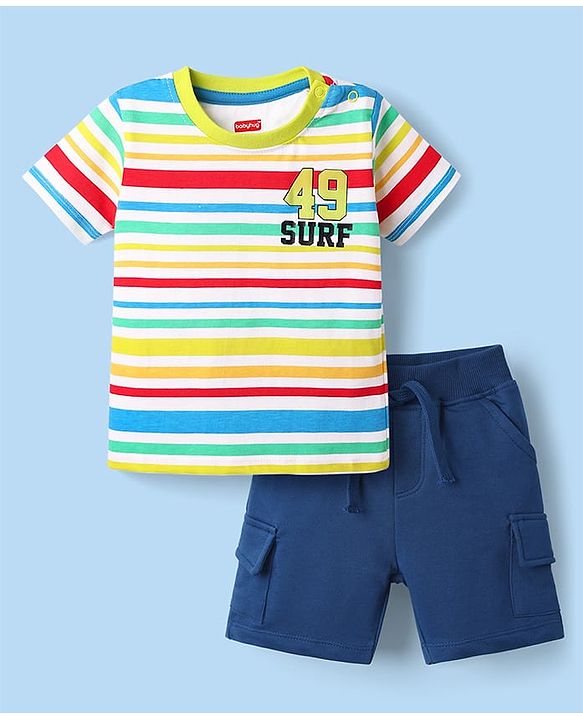 Babyhug Single Jersey Knit Half Sleeves Striped T-Shirt & Shorts Set with Text Print - Navy Blue
