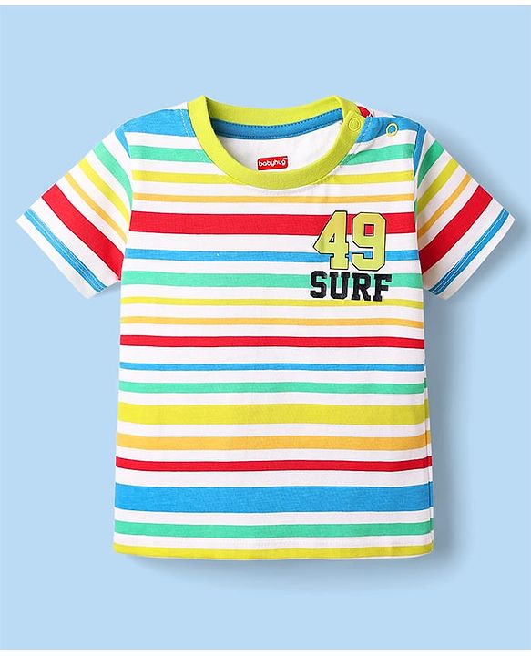 Babyhug Single Jersey Knit Half Sleeves Striped T-Shirt & Shorts Set with Text Print - Navy Blue