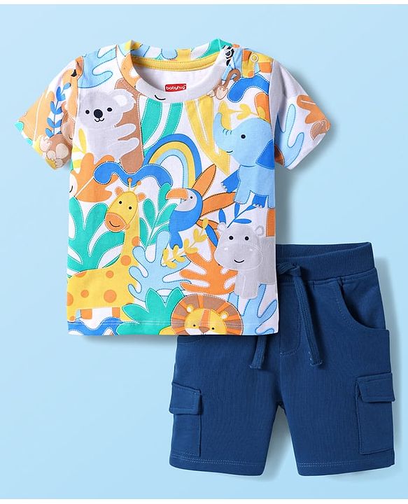 Babyhug Single Jersey Knit Half Sleeves T-Shirt & Shorts with Animal - Navy Blue & Yellow