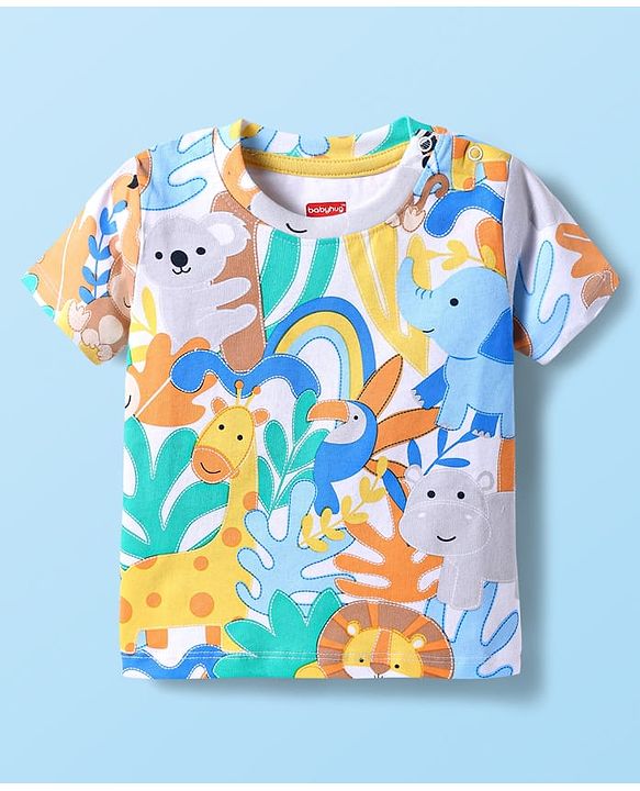 Babyhug Single Jersey Knit Half Sleeves T-Shirt & Shorts with Animal - Navy Blue & Yellow