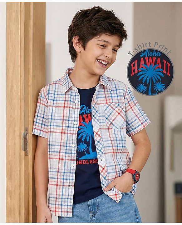Pine Kids Cotton Woven Half Sleeves Checkered Shirt With T-Shirt - Multicolour