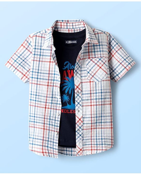Pine Kids Cotton Woven Half Sleeves Checkered Shirt With T-Shirt - Multicolour