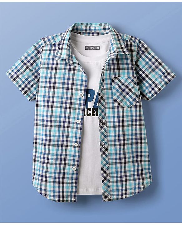 Pine Kids Cotton Woven Half Sleeves Checks Shirt With Sleeveless Text Printed T-Shirt - Light Blue White & Navy Blue