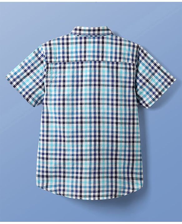 Pine Kids Cotton Woven Half Sleeves Checks Shirt With Sleeveless Text Printed T-Shirt - Light Blue White & Navy Blue